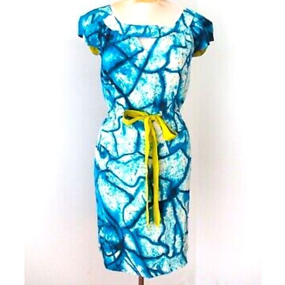 Yoana Baraschi Dresses & Skirts - Yoana Baraschi Blue Dress With Chartreuse Accent Belt 100% Silk  Anthropologie